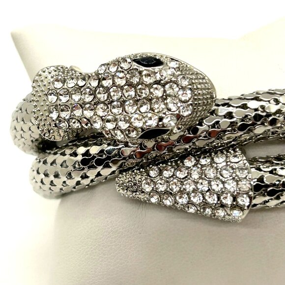 Silver Snake Memory Wire Bracelet Clear Rhinestones & Black Eyes Adjustable - Picture 11 of 11